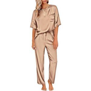 Womens Satin Silky Pajama Set Short Sleeve Shirt with Long Pajama Khaki